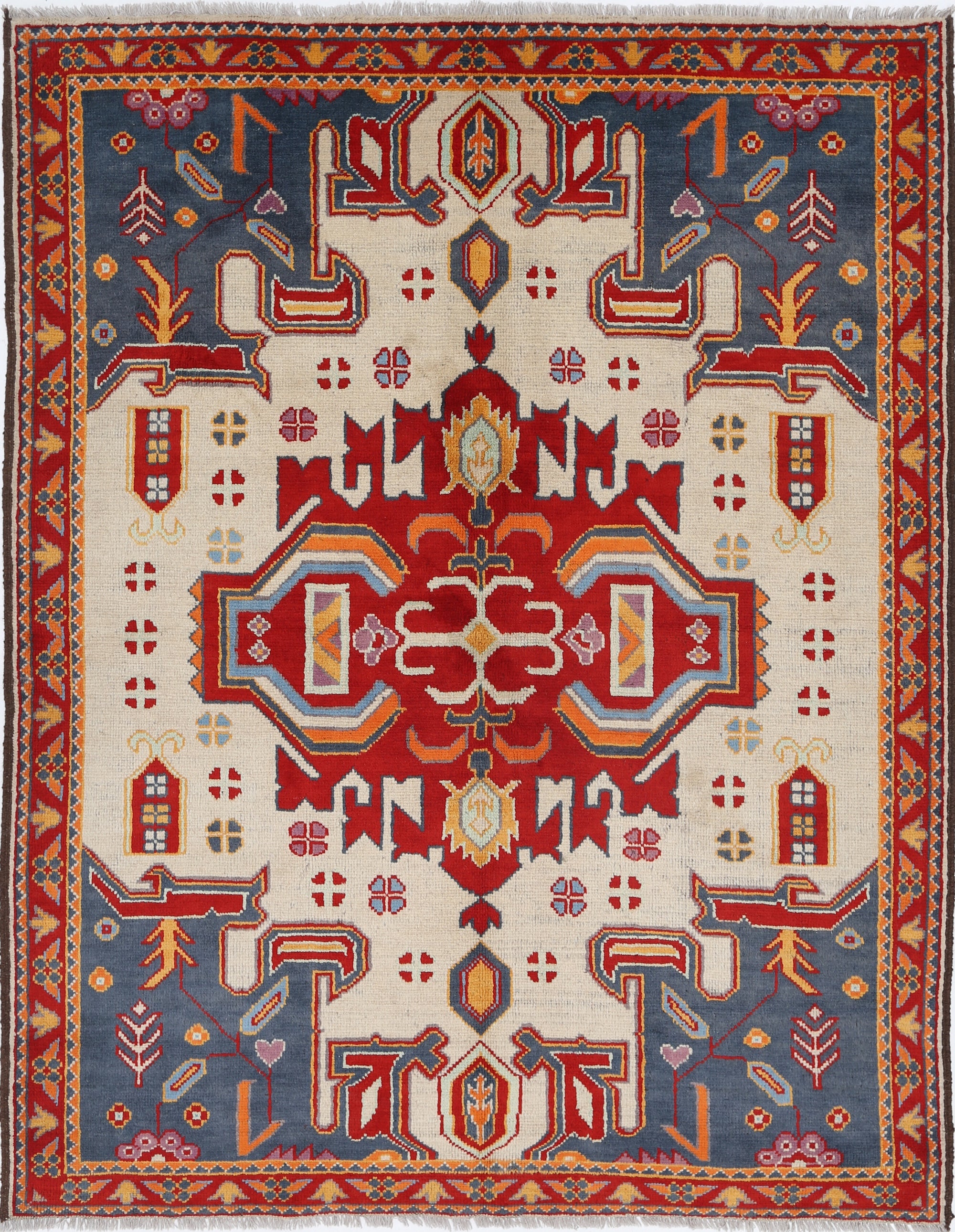 Ivory Hand-Knotted Tribal Geometric Wool Rug - 5'9" x 7'5"