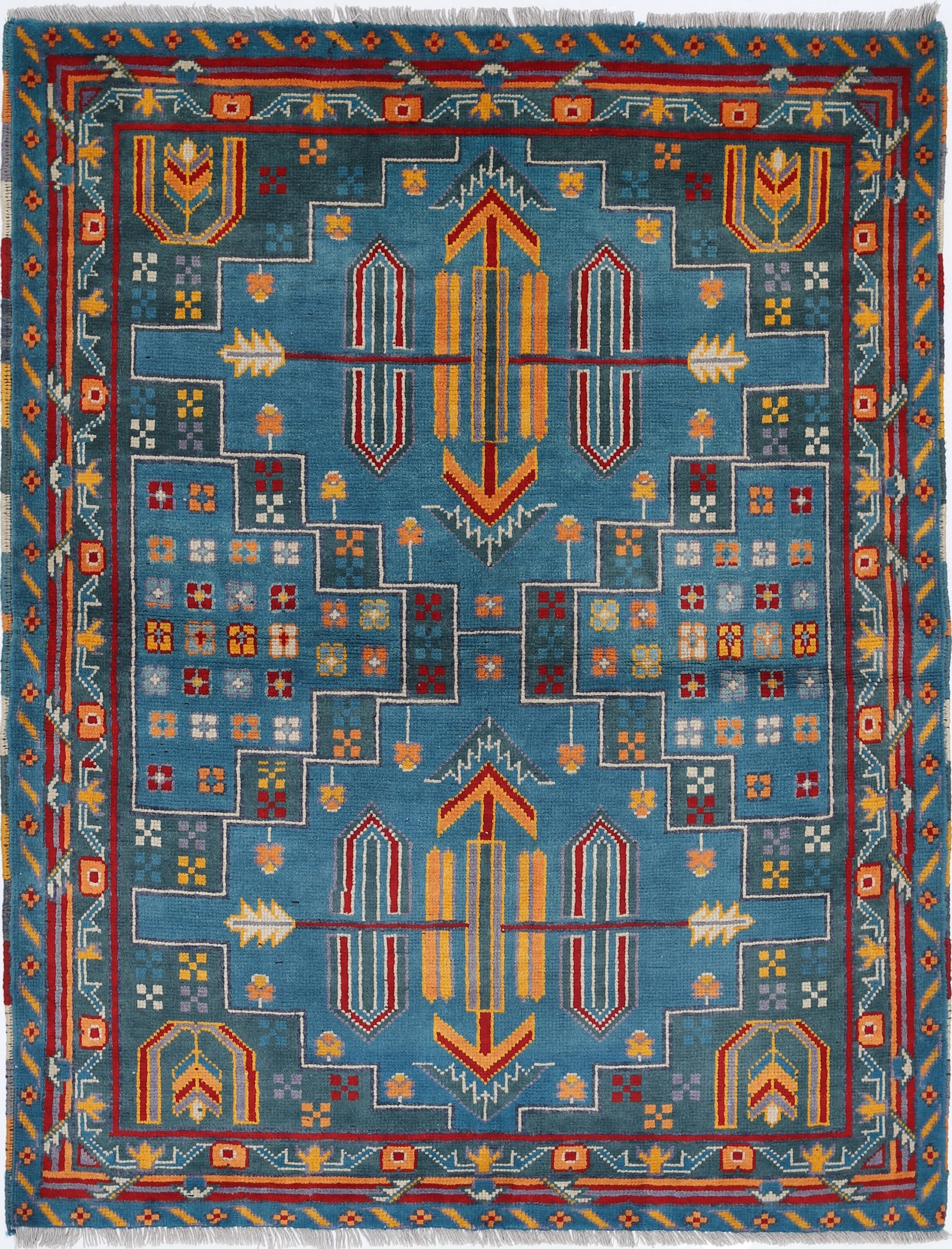Teal Hand-Knotted Tribal Geometric Wool Rug - 4'10" x 6'5"