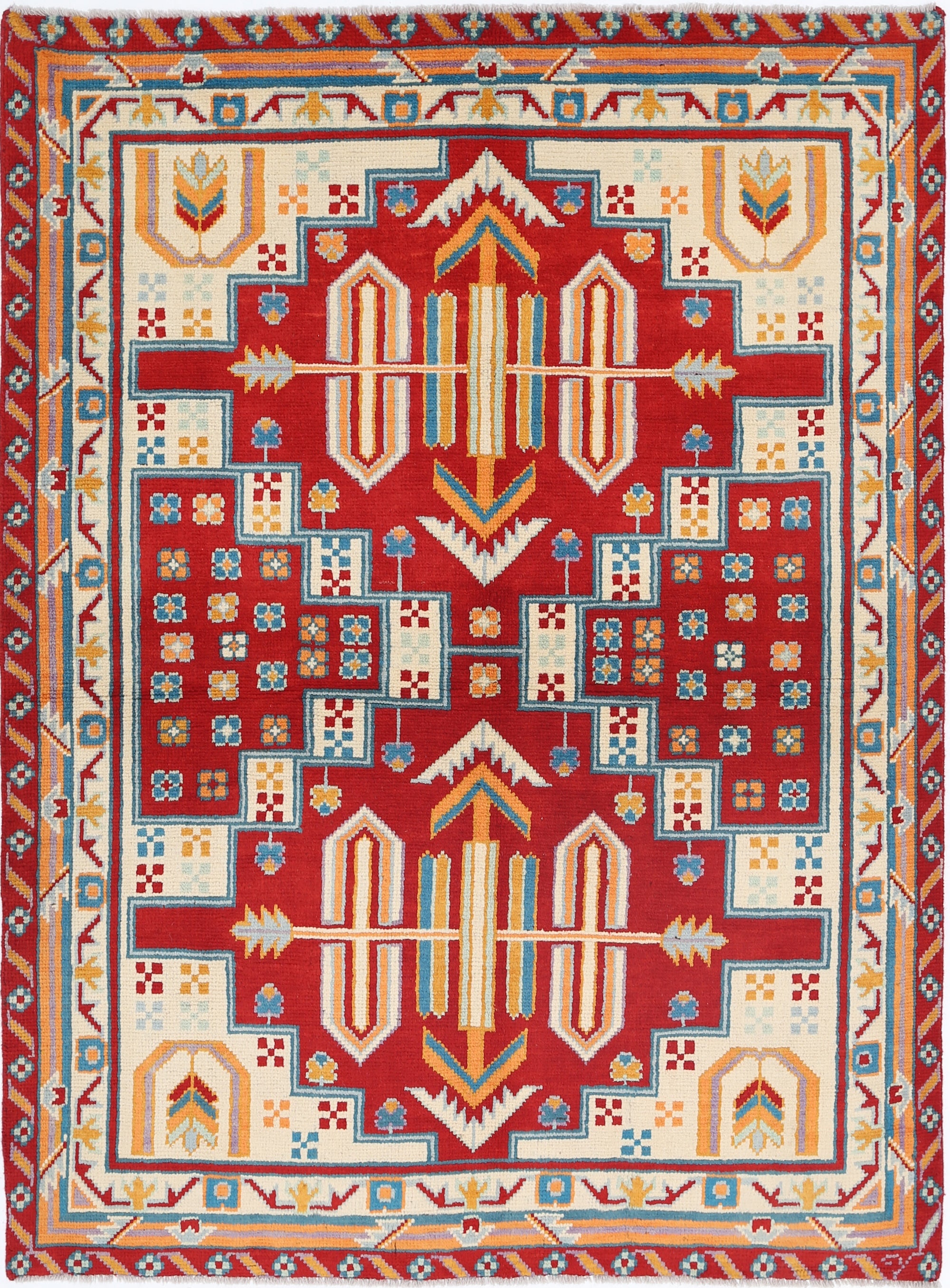 Red Hand-Knotted Tribal Geometric Wool Rug - 4'11" x 6'6"