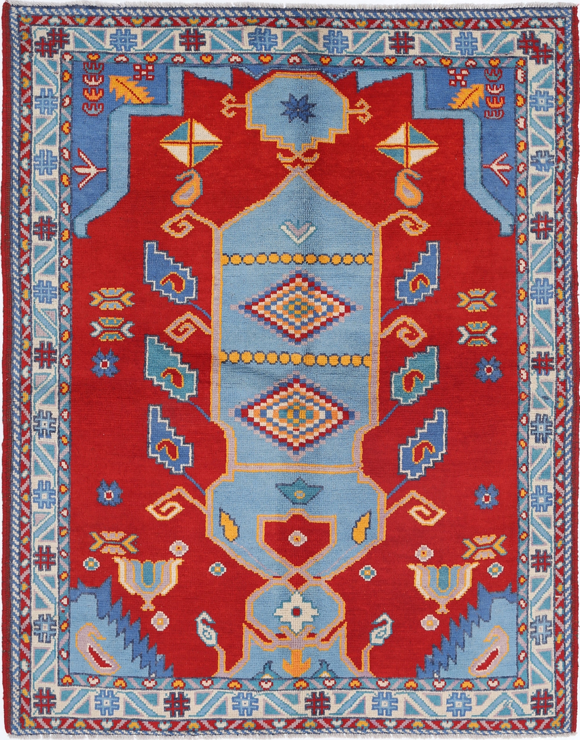 Red Hand-Knotted Tribal Geometric Wool Rug - 5'0" x 6'7"