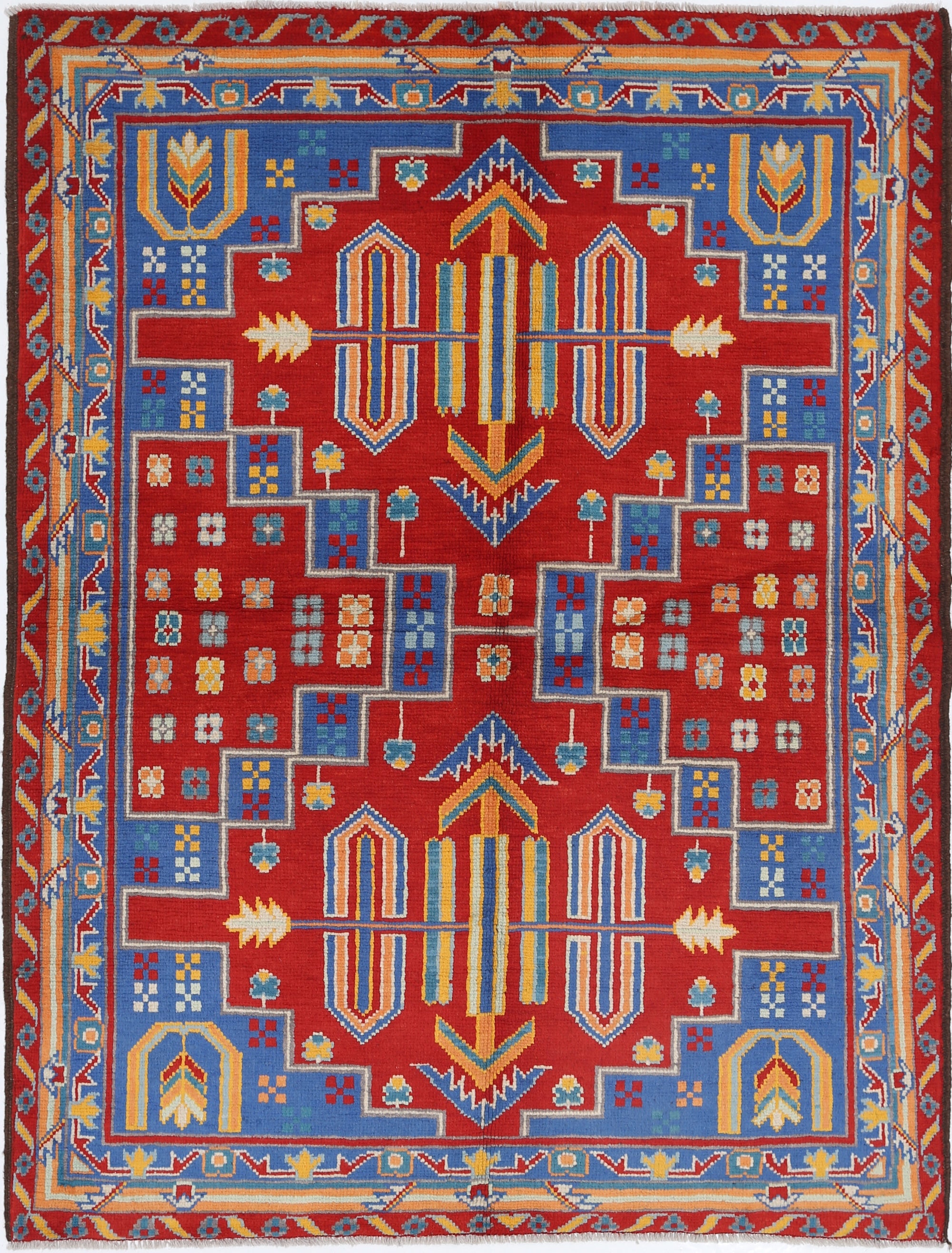 Red Hand-Knotted Tribal Geometric Wool Rug - 4'11" x 6'6"