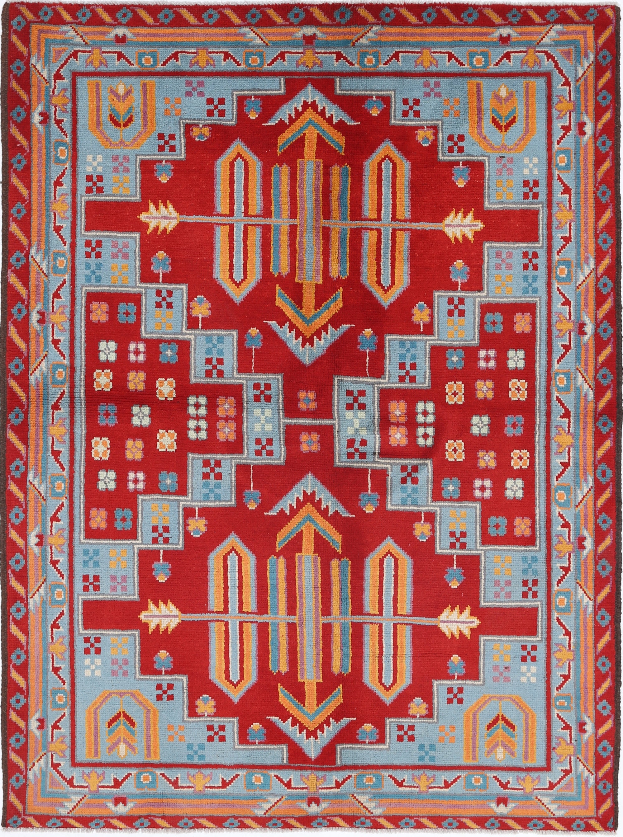 Red Hand-Knotted Tribal Geometric Wool Rug - 4'10" x 6'9"