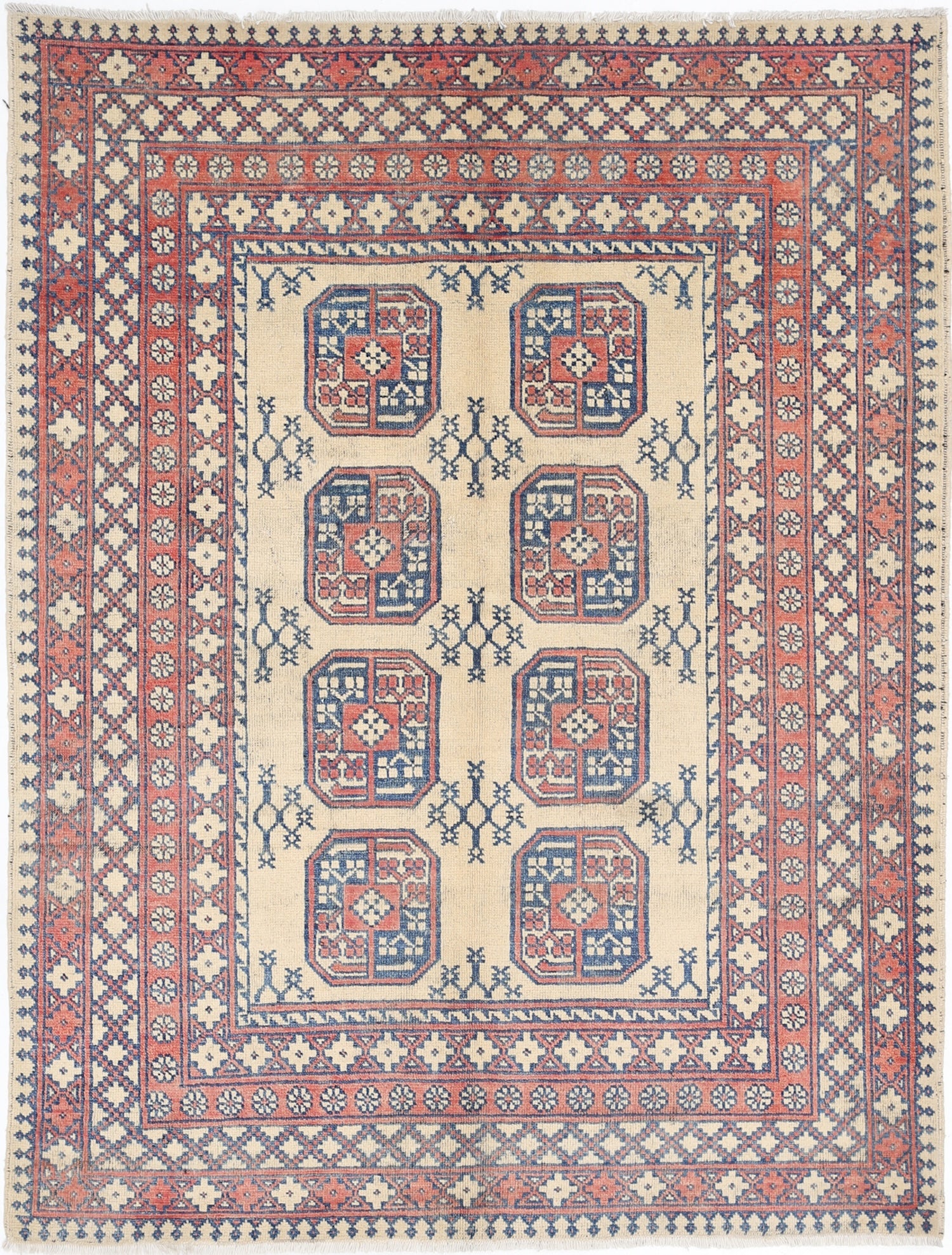 Ivory Hand-Knotted Afghan Tribal Geometric Wool Rug - 4'9" x 6'3"