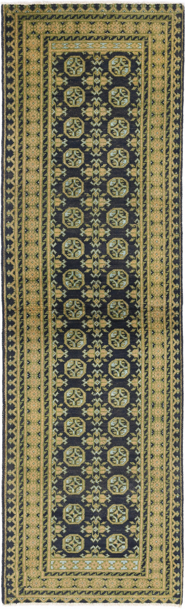 Ivory Hand-Knotted Afghan Tribal Geometric Wool Rug - 2'7" x 9'6"