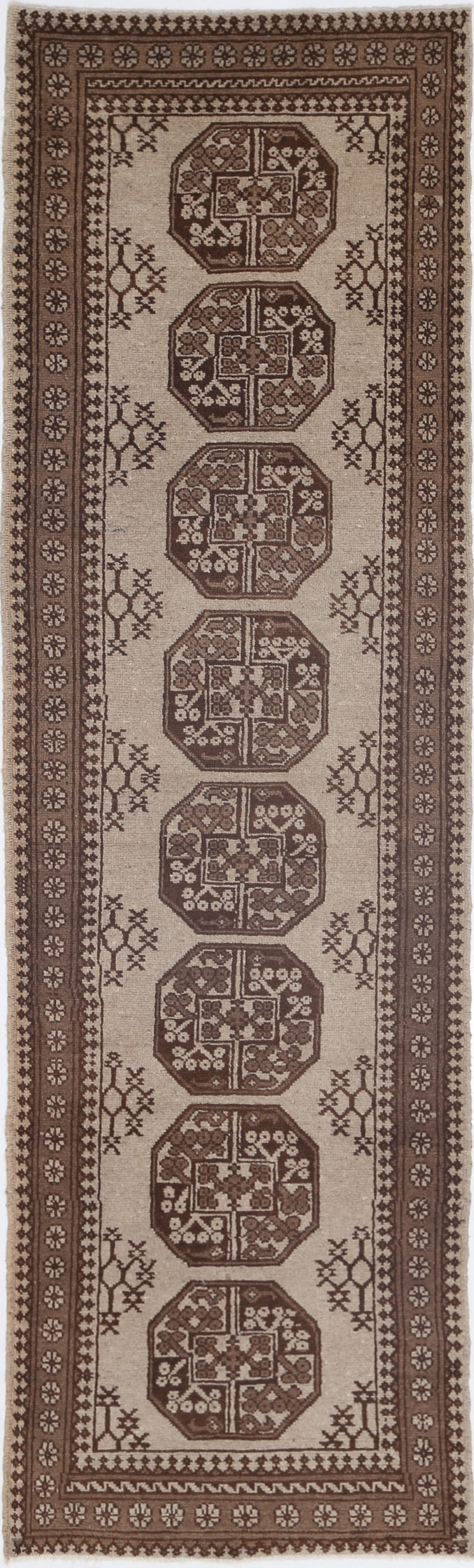 Ivory Hand-Knotted Afghan Tribal Geometric Wool Rug - 2'8" x 9'6"
