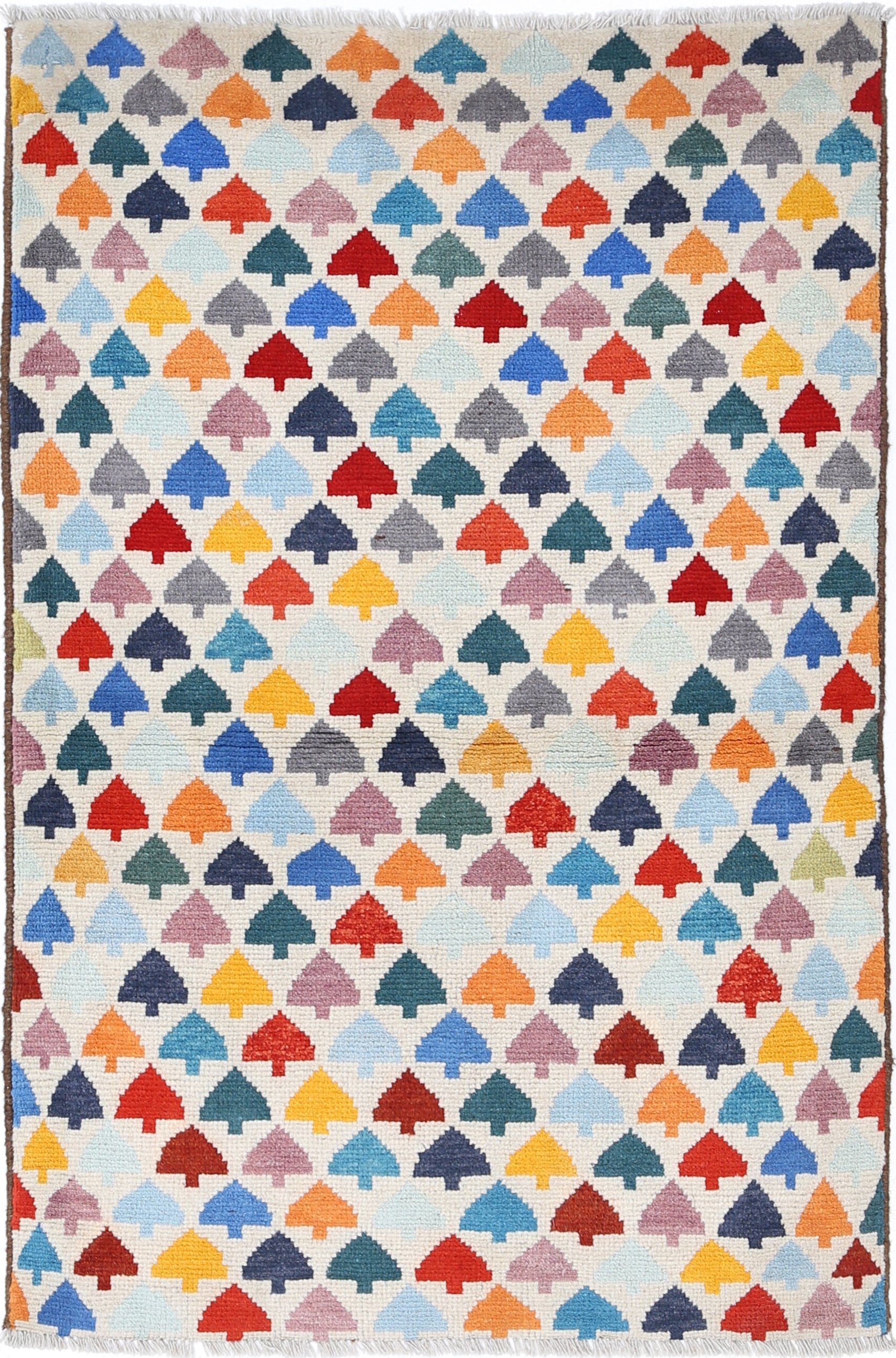 Ivory Hand-Knotted Tribal Geometric Wool Rug - 3'4" x 5'1"