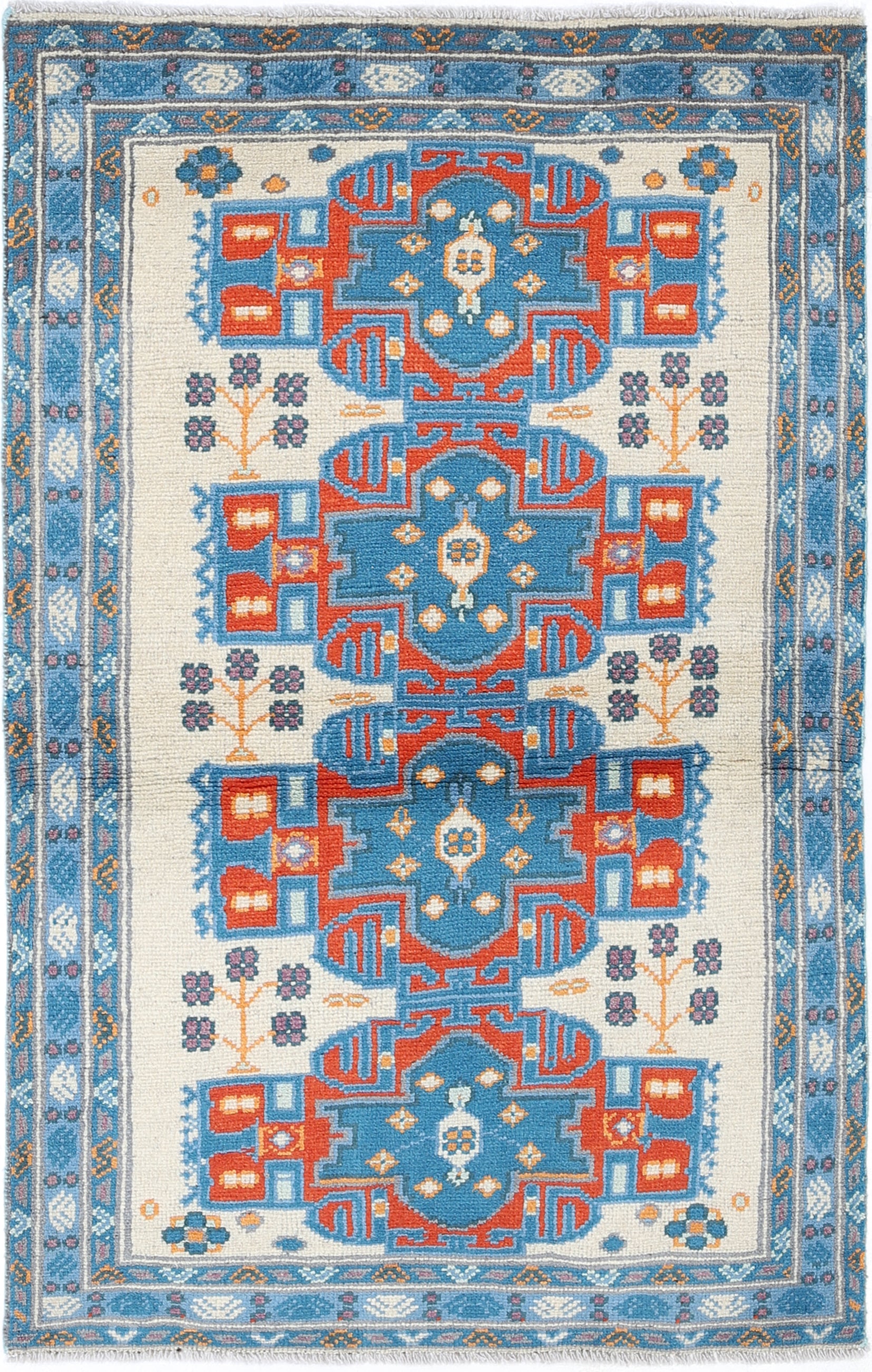 Ivory Hand-Knotted Tribal Geometric Wool Rug - 3'3" x 5'1"