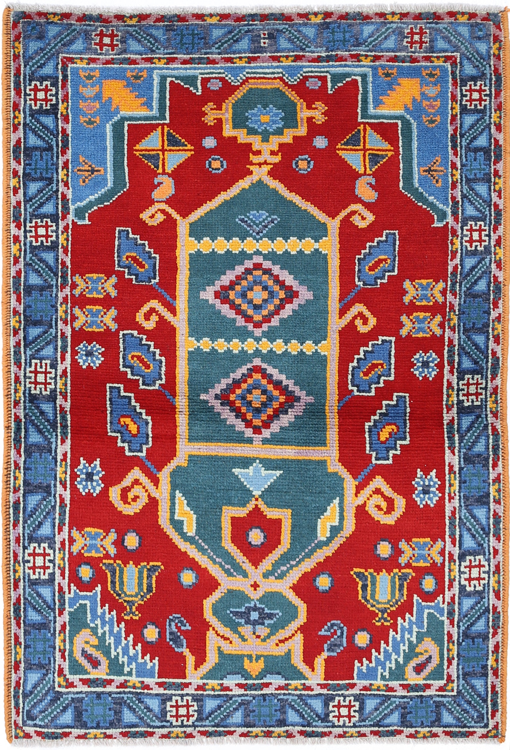 Red Hand-Knotted Tribal Geometric Wool Rug - 3'6" x 5'2"
