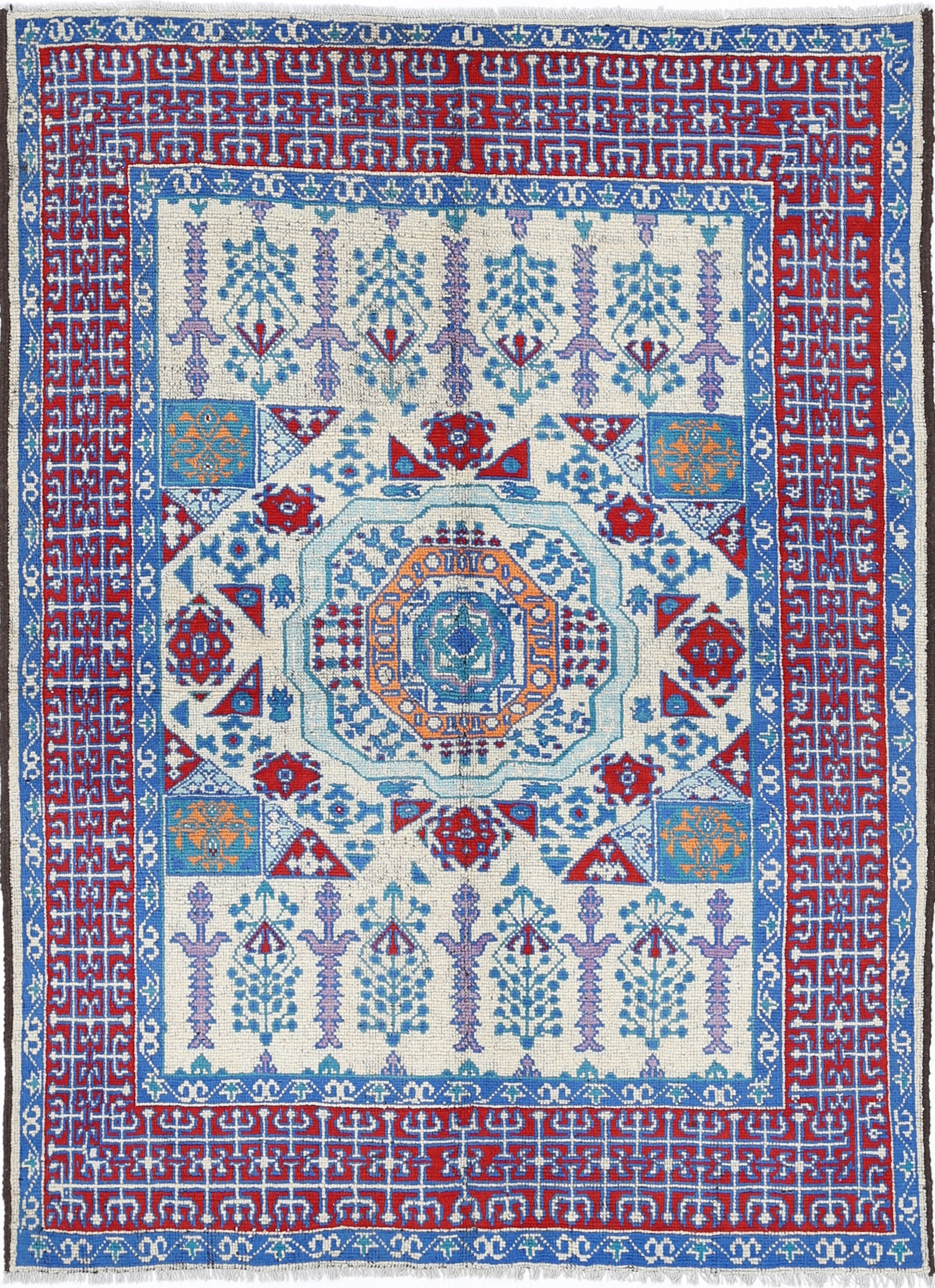 Ivory Hand-Knotted Tribal Geometric Wool Rug - 5'6" x 7'7"