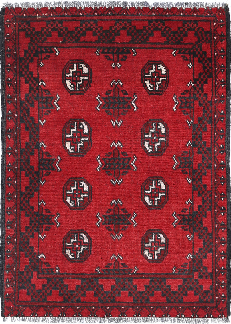 Ivory Hand-Knotted Afghan Tribal Geometric Wool Rug - 2'7" x 3'9"