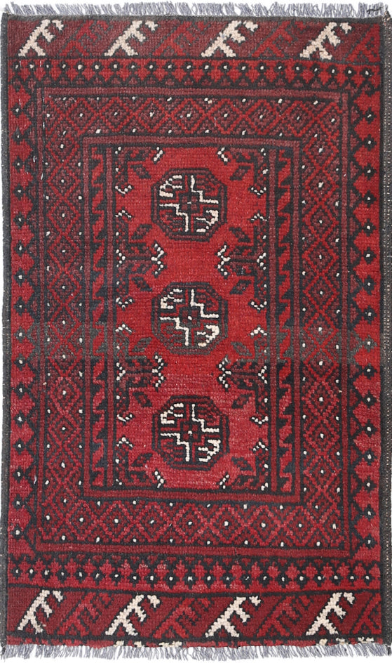 Ivory Hand-Knotted Afghan Tribal Geometric Wool Rug - 1'9" x 2'11"