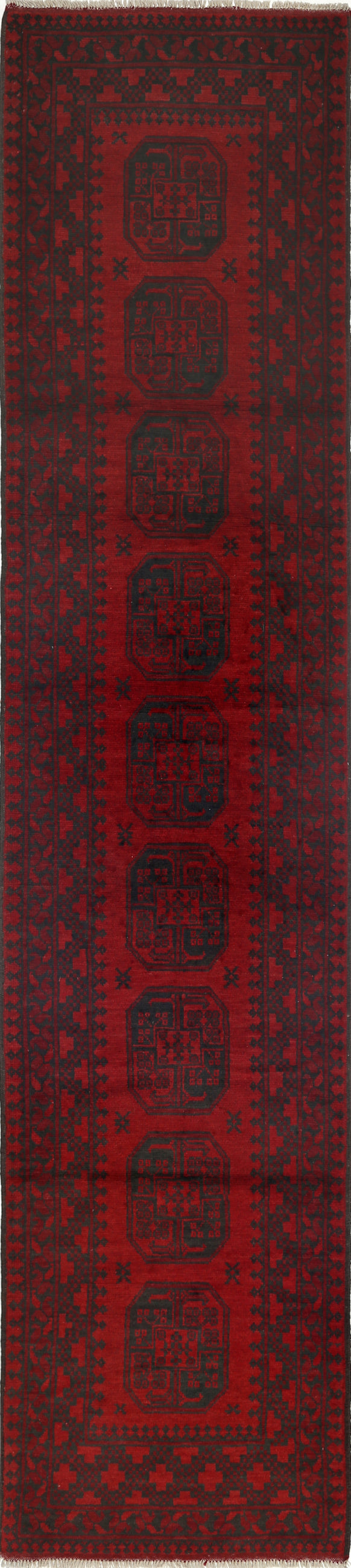 Ivory Hand-Knotted Afghan Tribal Geometric Wool Rug - 2'6" x 12'5"