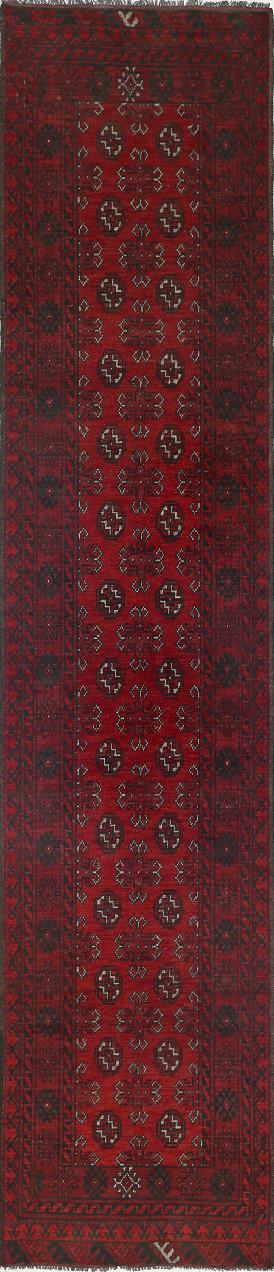 Ivory Hand-Knotted Afghan Tribal Geometric Wool Rug - 2'7" x 12'1"