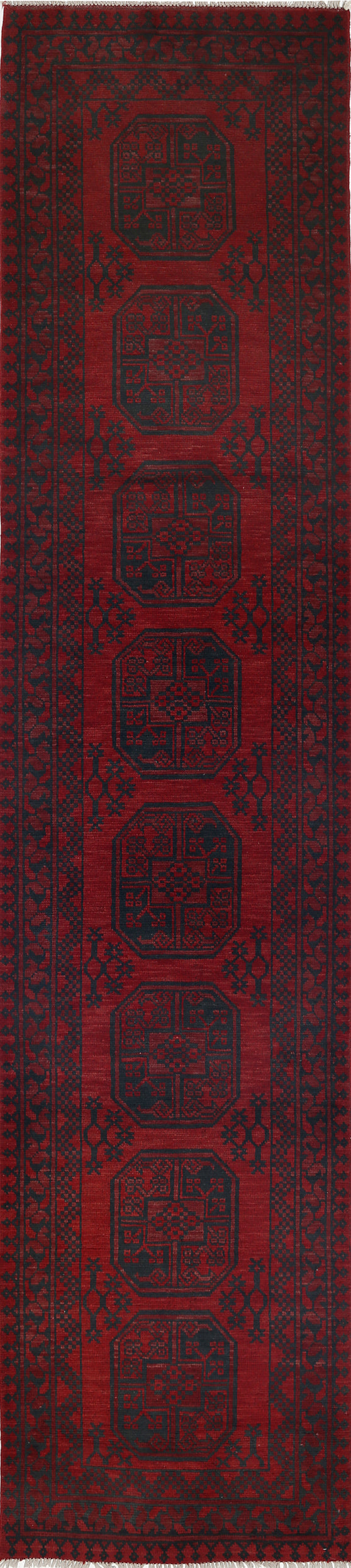 Ivory Hand-Knotted Afghan Tribal Geometric Wool Rug - 2'8" x 12'3"