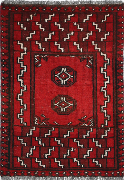 Ivory Hand-Knotted Afghan Tribal Geometric Wool Rug - 1'7" x 2'2"