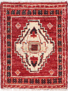 Ivory Hand-Knotted Afghan Tribal Geometric Wool Rug - 1'8" x 2'1"