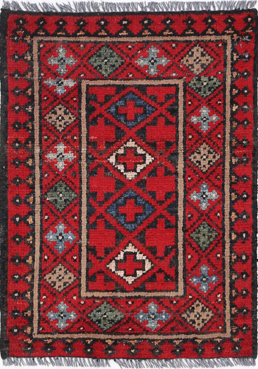 Ivory Hand-Knotted Afghan Tribal Geometric Wool Rug - 1'8" x 2'2"