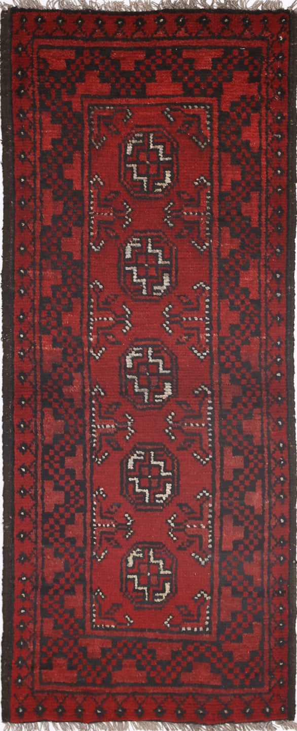 Ivory Hand-Knotted Afghan Tribal Geometric Wool Rug - 1'7" x 4'6"