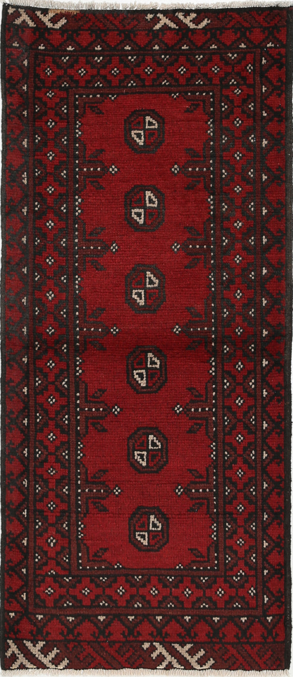 Ivory Hand-Knotted Afghan Tribal Geometric Wool Rug - 1'9" x 4'3"