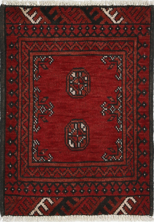 Ivory Hand-Knotted Afghan Tribal Geometric Wool Rug - 1'8" x 2'4"