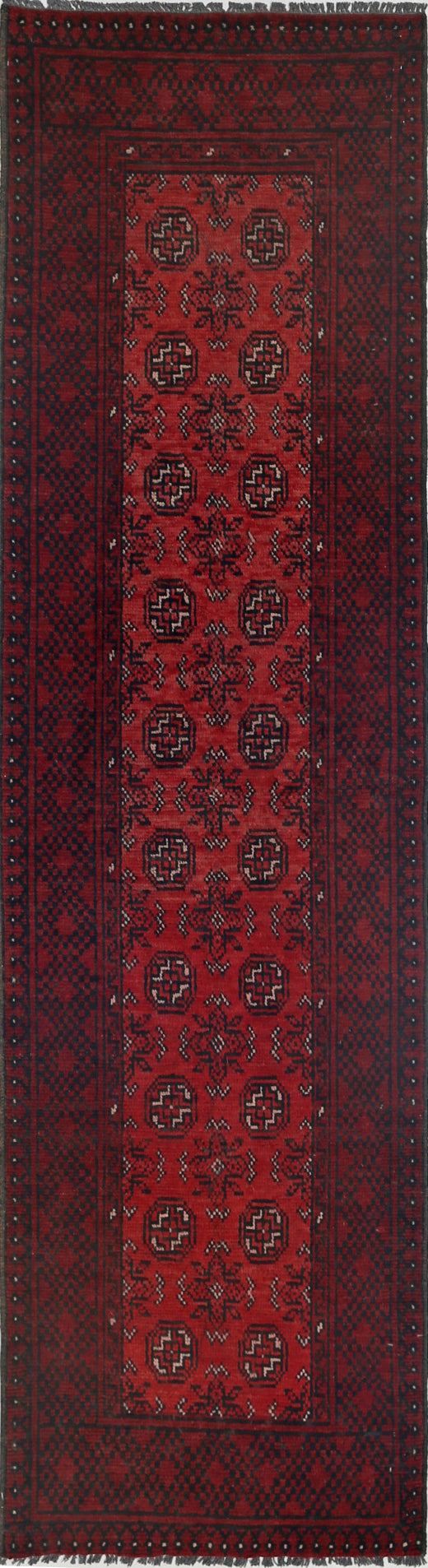 Ivory Hand-Knotted Afghan Tribal Geometric Wool Rug - 2'6" x 9'3"