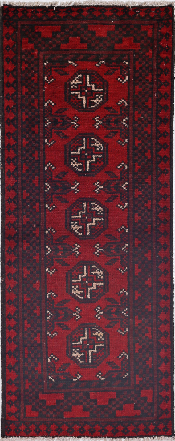 Ivory Hand-Knotted Afghan Tribal Geometric Wool Rug - 1'7" x 4'5"