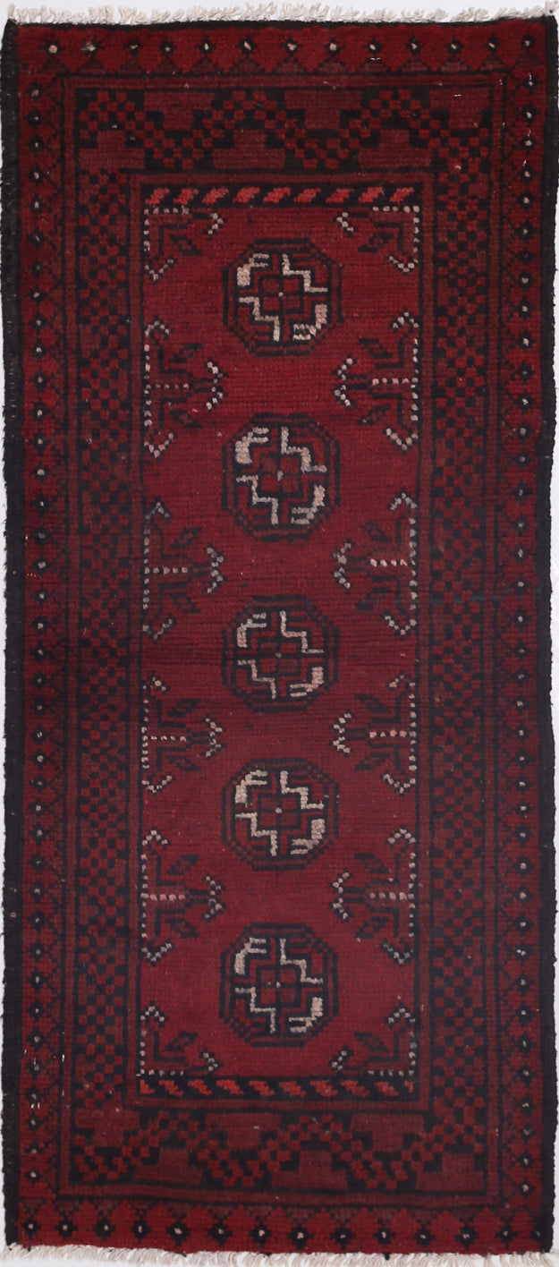 Ivory Hand-Knotted Afghan Tribal Geometric Wool Rug - 1'9" x 4'4"