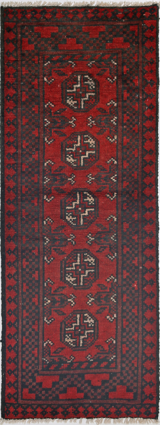Ivory Hand-Knotted Afghan Tribal Geometric Wool Rug - 1'7" x 4'6"
