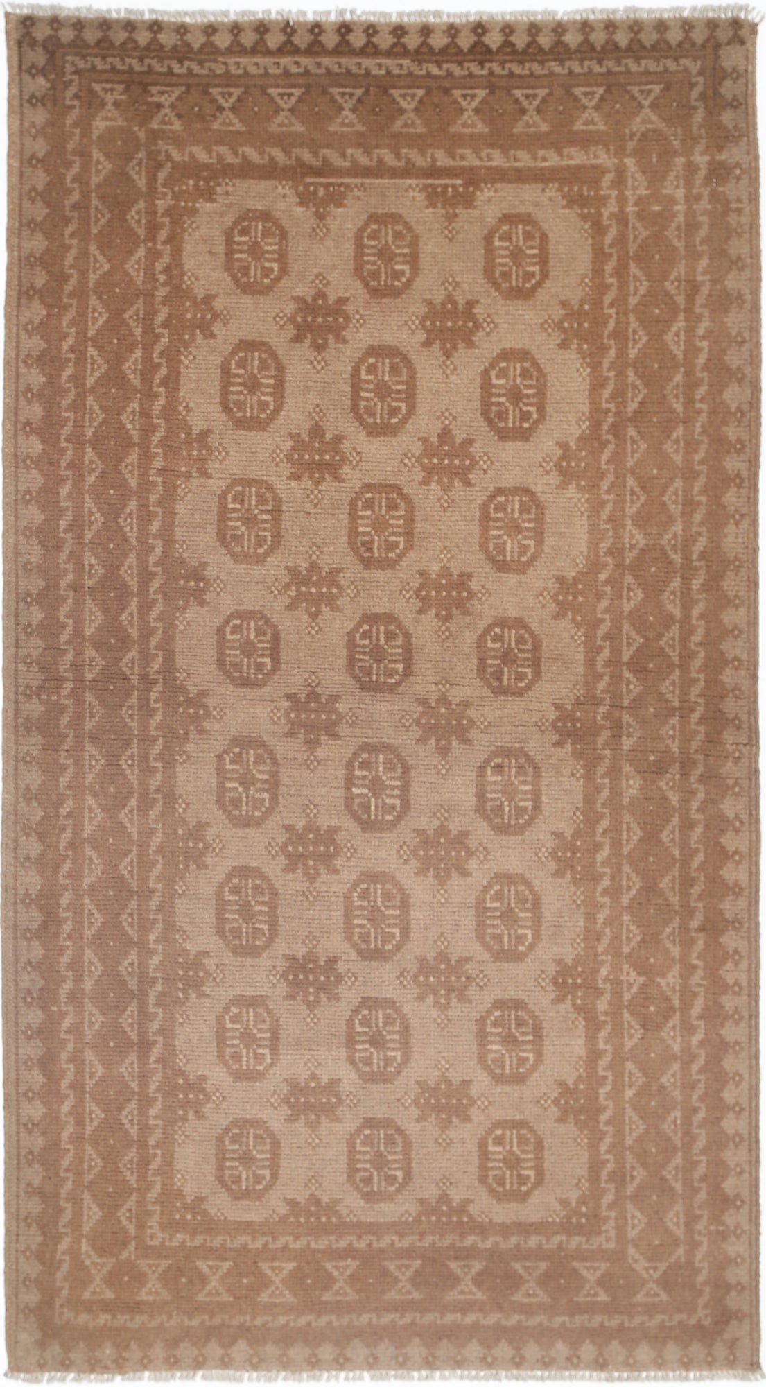 Ivory Hand-Knotted Afghan Tribal Geometric Wool Rug - 2'5" x 6'1"