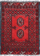 Ivory Hand-Knotted Afghan Tribal Geometric Wool Rug - 1'6" x 2'3"