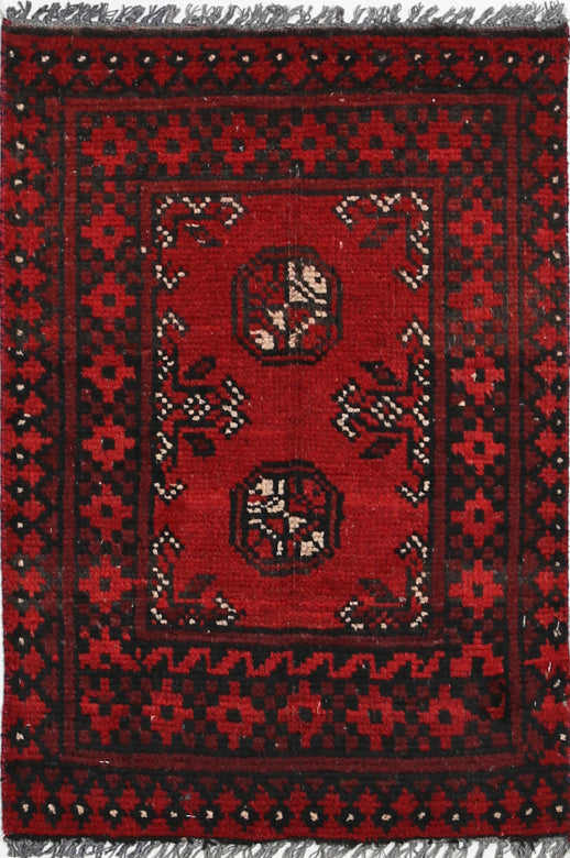 Ivory Hand-Knotted Afghan Tribal Geometric Wool Rug - 1'7" x 2'4"
