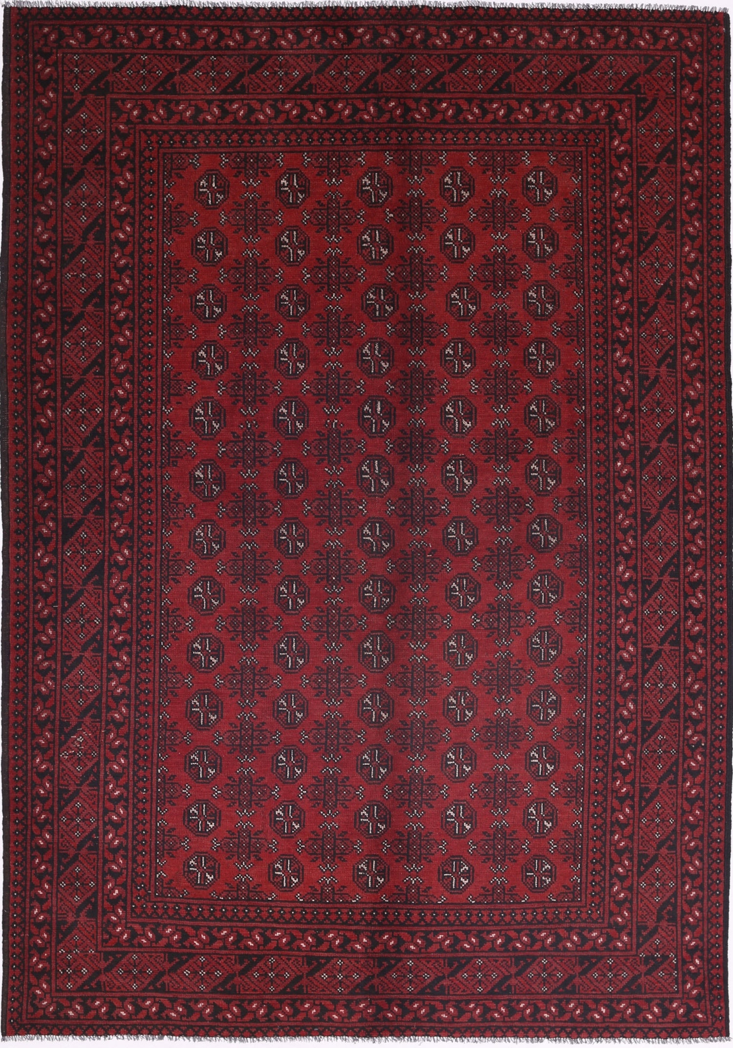 Ivory Hand-Knotted Afghan Tribal Geometric Wool Rug - 6'5" x 9'4"