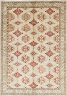 Ivory Hand-Knotted Distressed Vintage Wool Rug - 6'7" x 9'4"