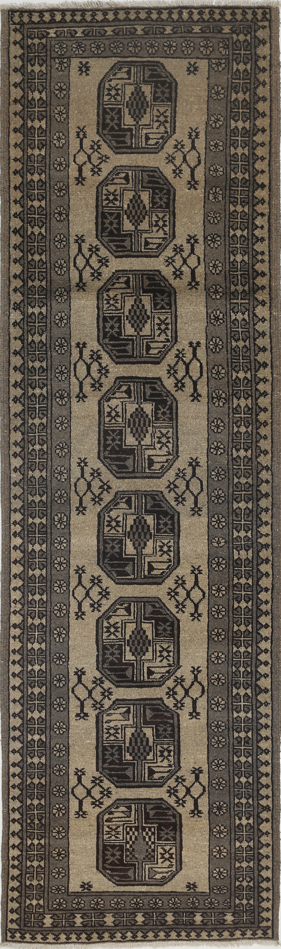 Ivory Hand-Knotted Afghan Tribal Geometric Wool Rug - 2'8" x 9'4"