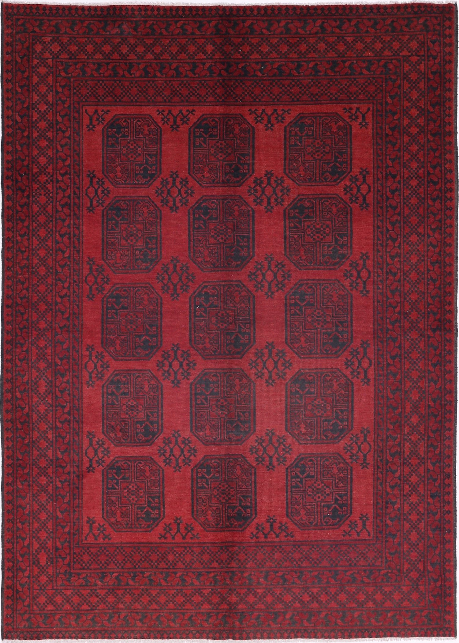 Ivory Hand-Knotted Afghan Tribal Geometric Wool Rug - 6'4" x 9'0"