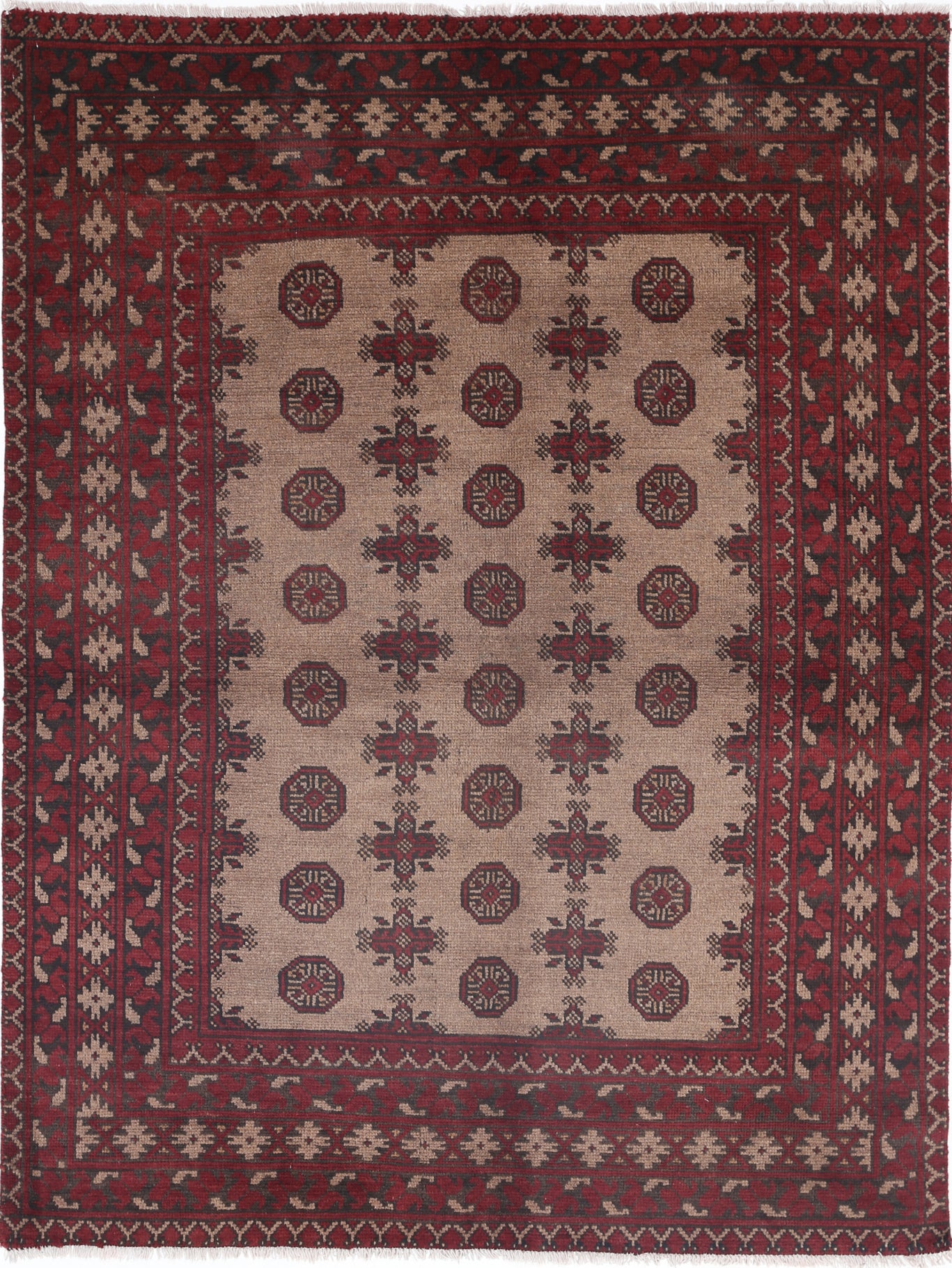 Ivory Hand-Knotted Afghan Tribal Geometric Wool Rug - 4'9" x 6'3"