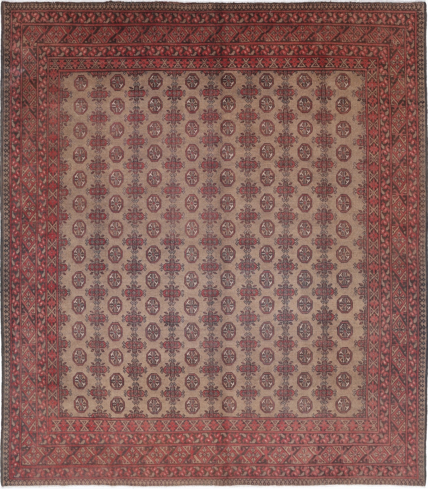 Ivory Hand-Knotted Afghan Tribal Geometric Wool Rug - 8'1" x 9'1"