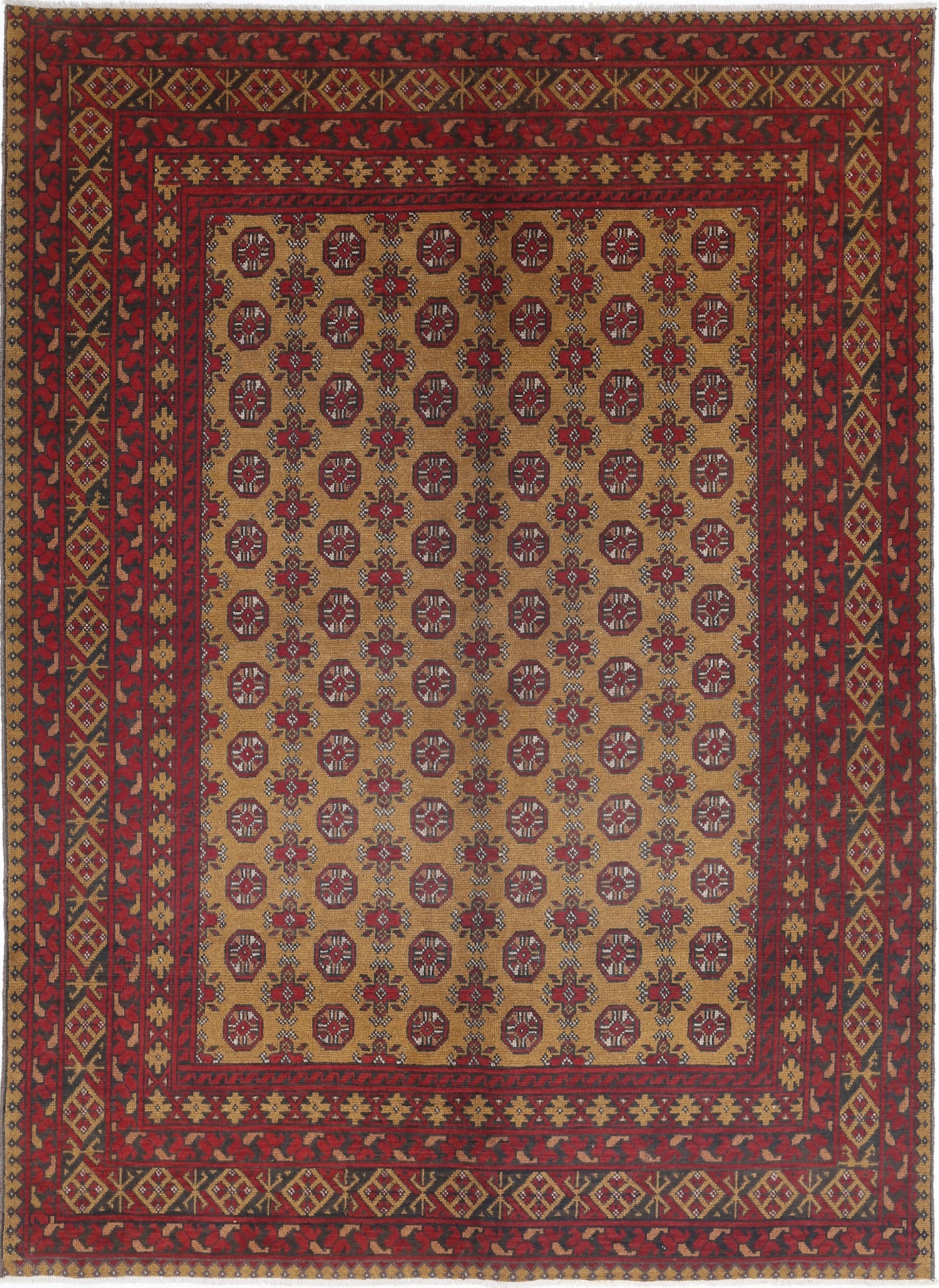 Ivory Hand-Knotted Afghan Tribal Geometric Wool Rug - 6'7" x 9'1"