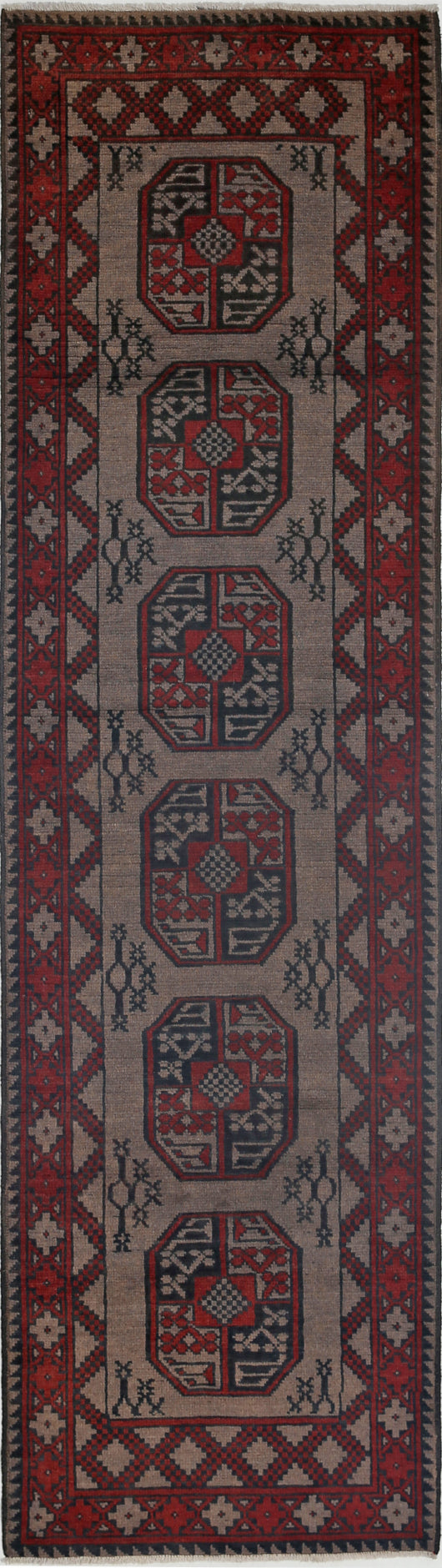Ivory Hand-Knotted Afghan Tribal Geometric Wool Rug - 2'5" x 9'2"