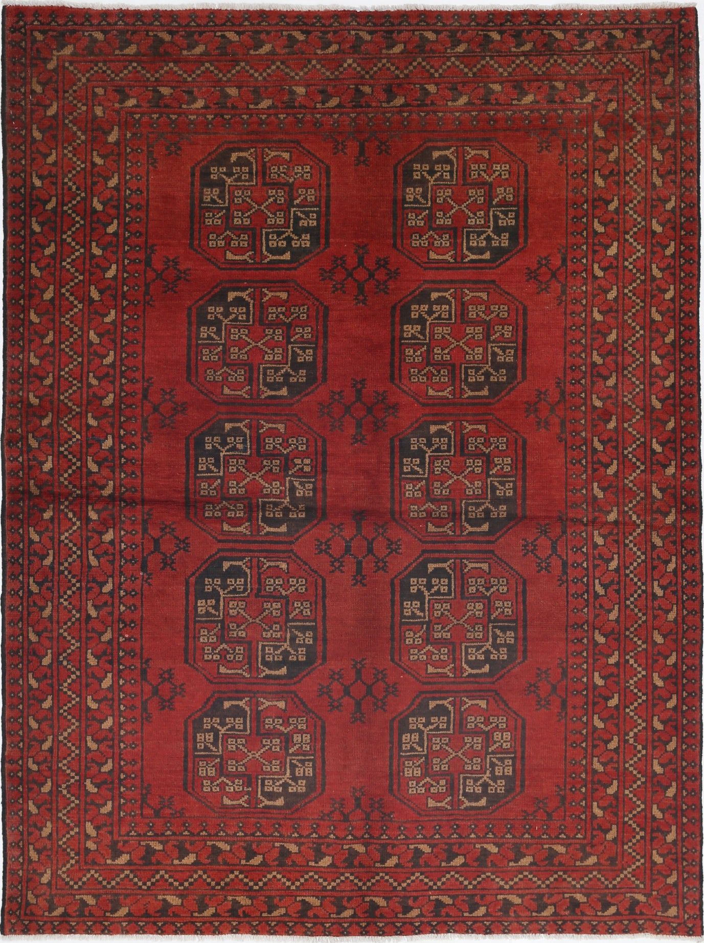 Ivory Hand-Knotted Afghan Tribal Geometric Wool Rug - 4'9" x 6'7"