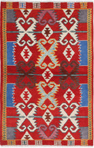 Red Hand-Knotted Tribal Geometric Wool Rug - 3'3" x 5'0"