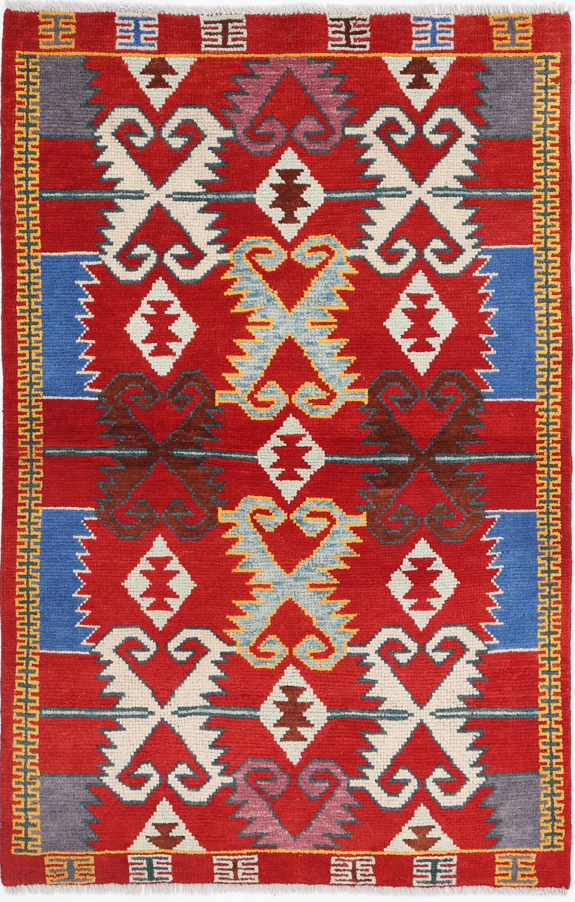 Red Hand-Knotted Tribal Geometric Wool Rug - 3'3" x 5'0"