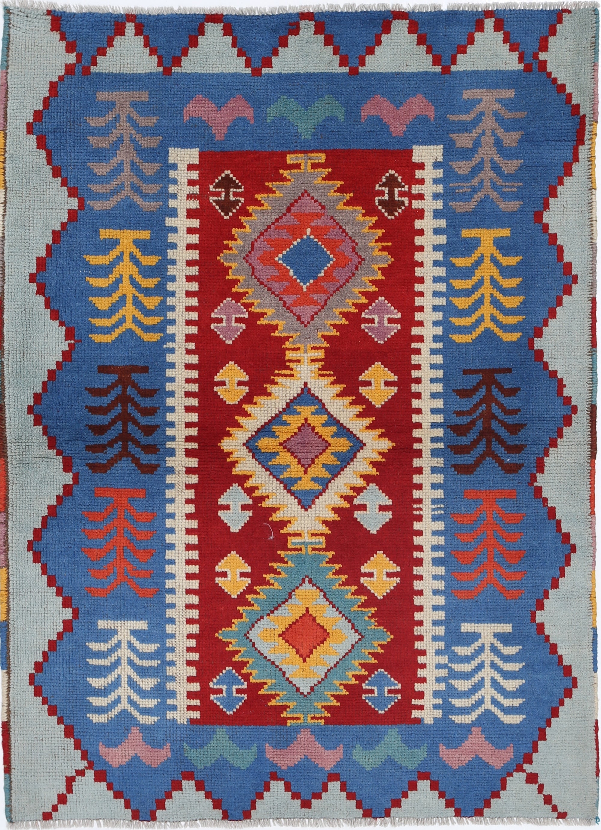 Red Hand-Knotted Tribal Geometric Wool Rug - 3'4" x 4'9"