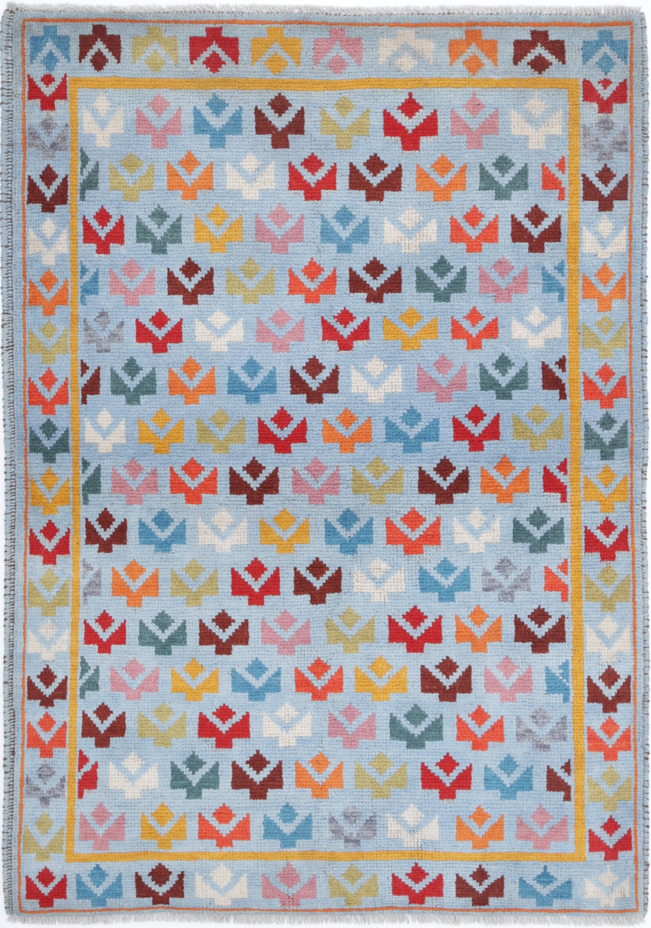 Grey Hand-Knotted Tribal Geometric Wool Rug - 3'5" x 4'10"