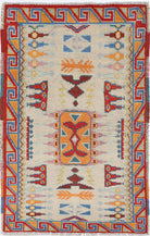 Ivory Hand-Knotted Tribal Geometric Wool Rug - 2'7" x 4'2"