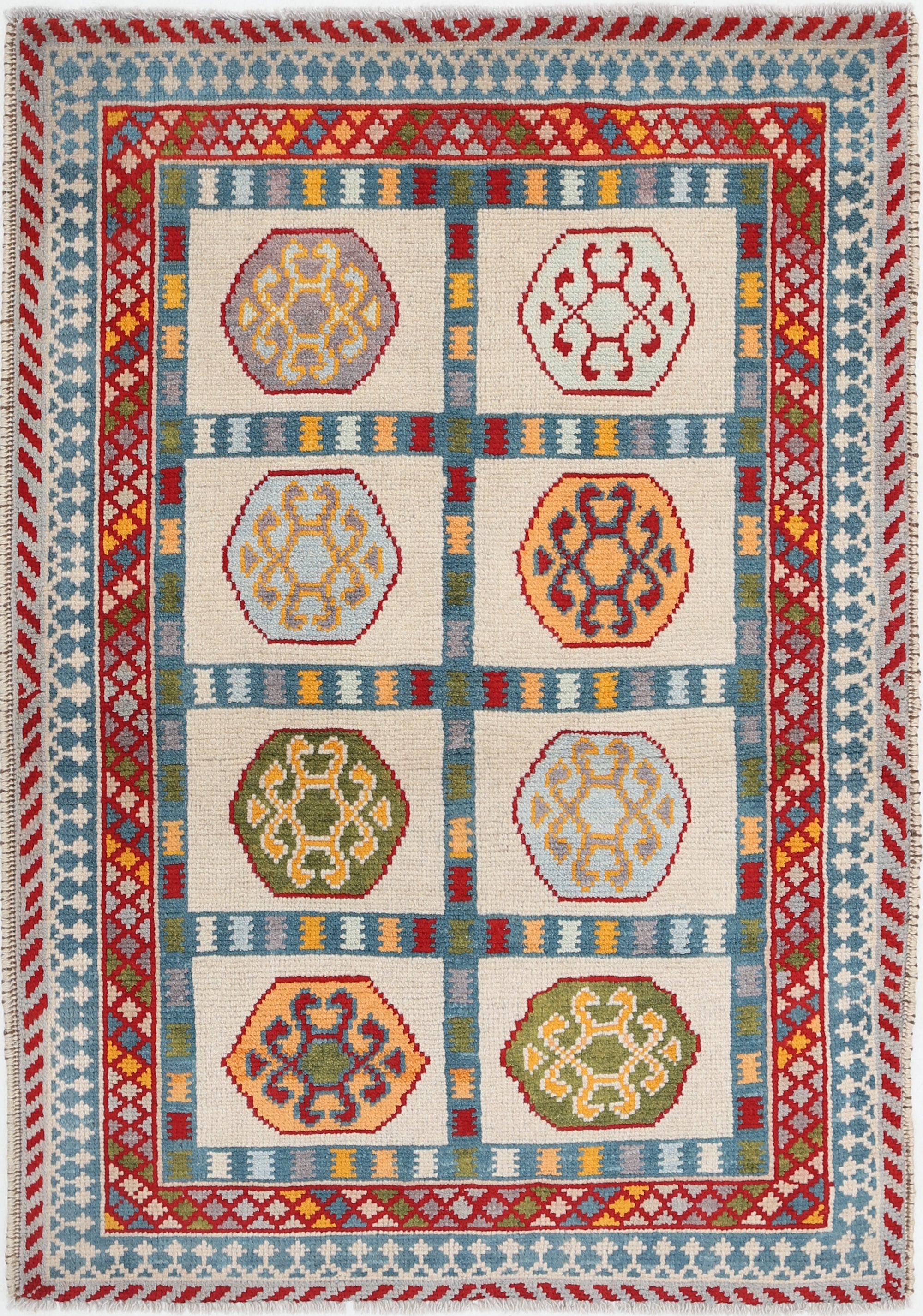 Ivory Hand-Knotted Tribal Geometric Wool Rug - 3'5" x 4'10"