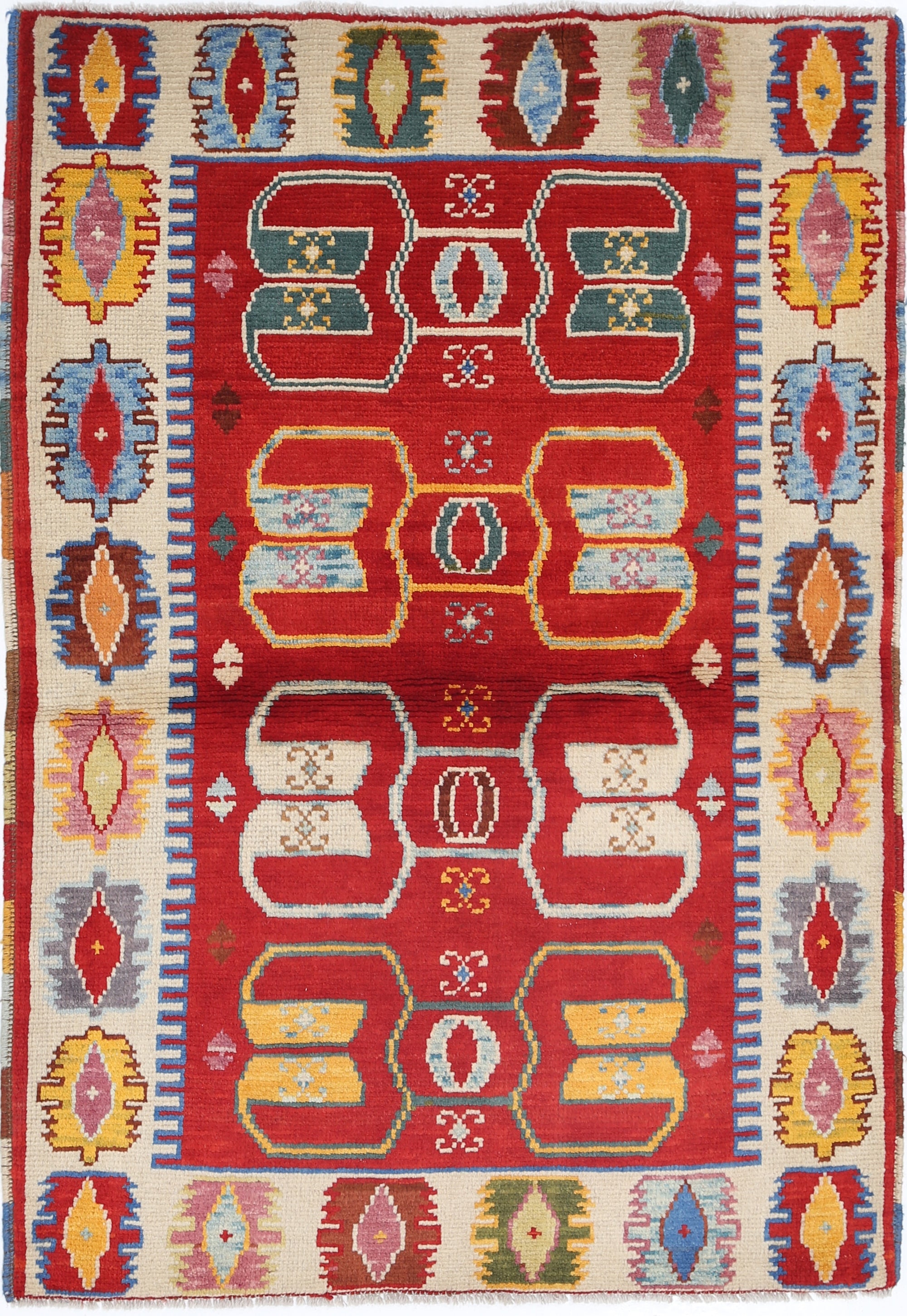 Red Hand-Knotted Tribal Geometric Wool Rug - 3'4" x 4'10"