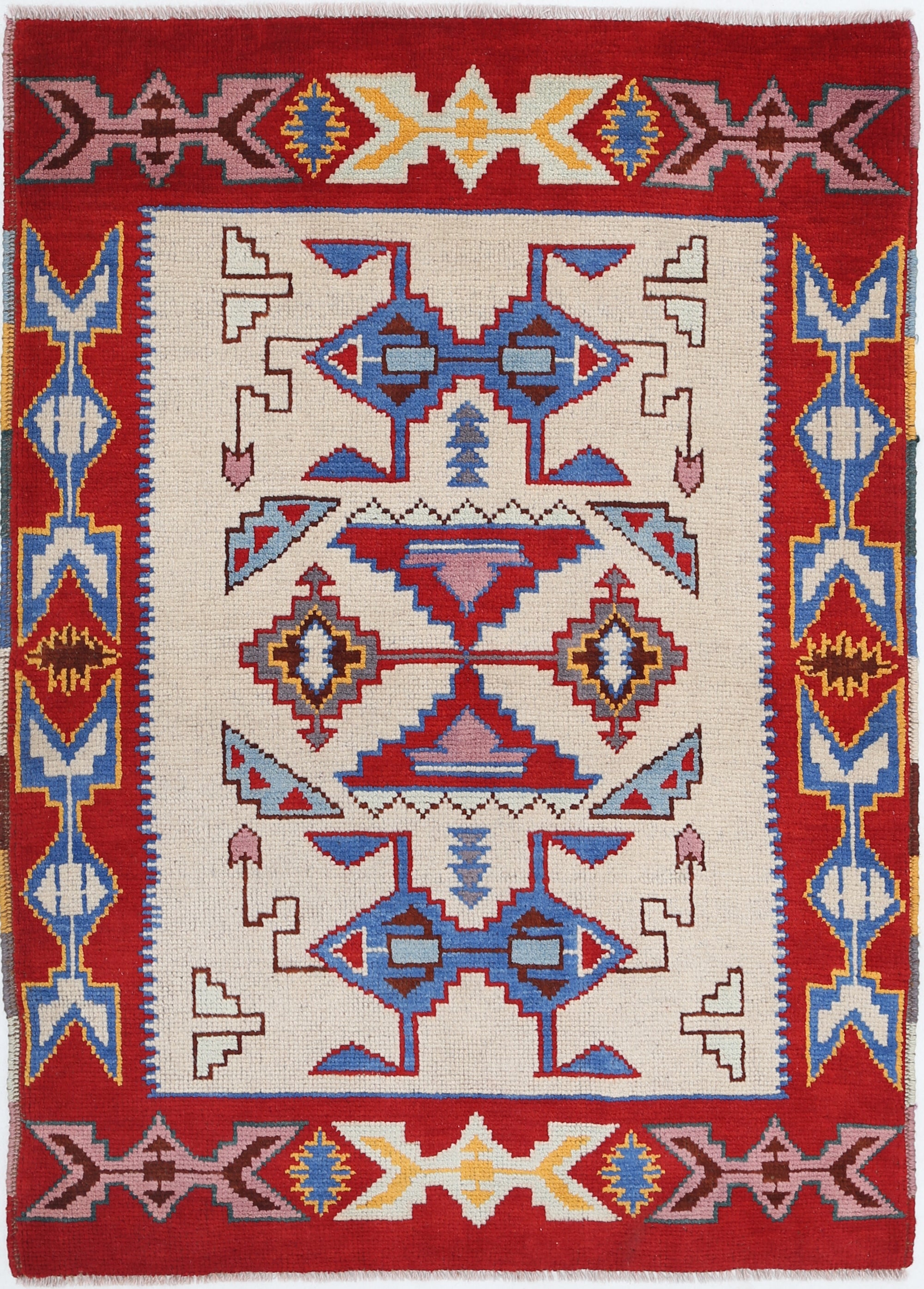 Ivory Hand-Knotted Tribal Geometric Wool Rug - 3'5" x 4'9"