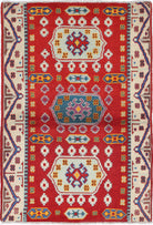 Red Hand-Knotted Tribal Geometric Wool Rug - 3'5" x 5'1"