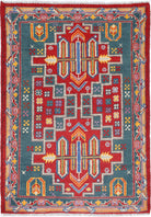 Green Hand-Knotted Tribal Geometric Wool Rug - 2'8" x 3'11"